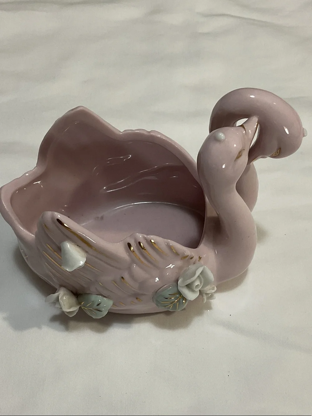 Pink Ceramic Swan Planter with Floral Accents
